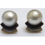 Antique 18ct Gold Mabe Pearl Diamond Onyx Platinum Earrings