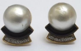 Antique 18ct Gold Mabe Pearl Diamond Onyx Platinum Earrings