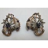 Vintage Diamond & Sapphire 14ct Gold Retro Flower Cocktail Earrings