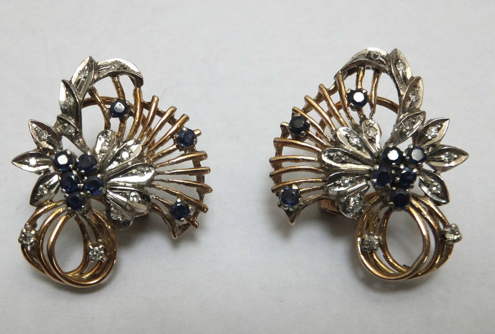 Vintage Diamond & Sapphire 14ct Gold Retro Flower Cocktail Earrings