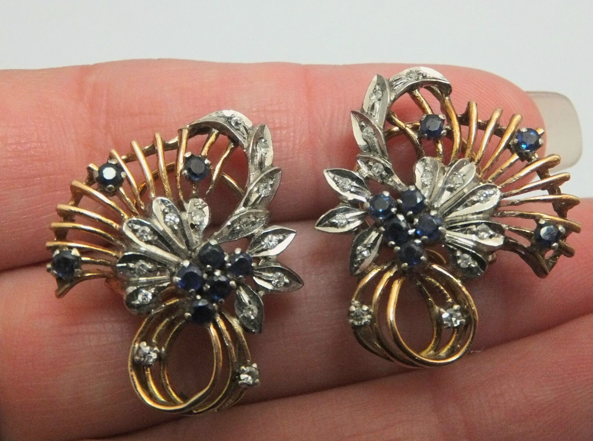 Vintage Diamond & Sapphire 14ct Gold Retro Flower Cocktail Earrings - Image 5 of 7