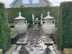 MATCHING PAIR CLASSICAL STONE COMPOSITE 5FT TALL ORNATE URNS WITH HANDLES AND LID IN ANTIQUE FINISH