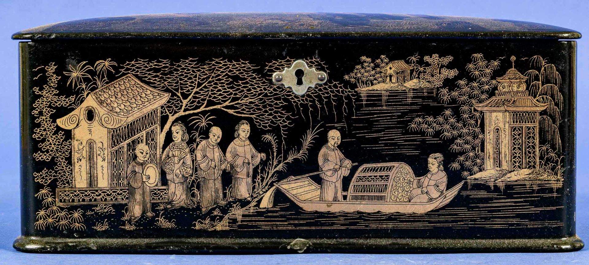 Antike Deckelschatulle, ostasiatischer Raum, 1. Viertel 20. Jhdt., schwarzer Lackkasten mit aufwänd - Bild 3 aus 7