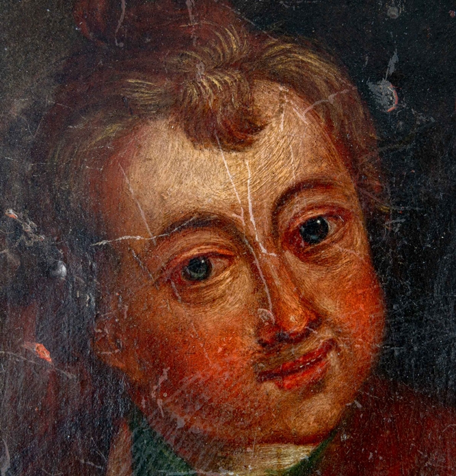 "Junger Mann mit Hündchen", Öl auf Holztafel, ca. 16,5 x 14 cm, rückseitig mit Tinte bez.: von "H. - Image 3 of 6
