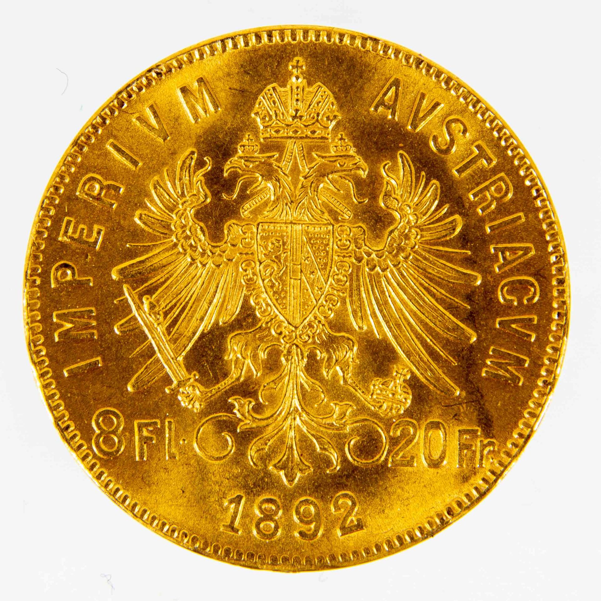 20 Franken/ 8 Florin - 1892 ; ca. 7 gr. 900er Gold, Durchmesser ca. 21 mm. - Image 2 of 2