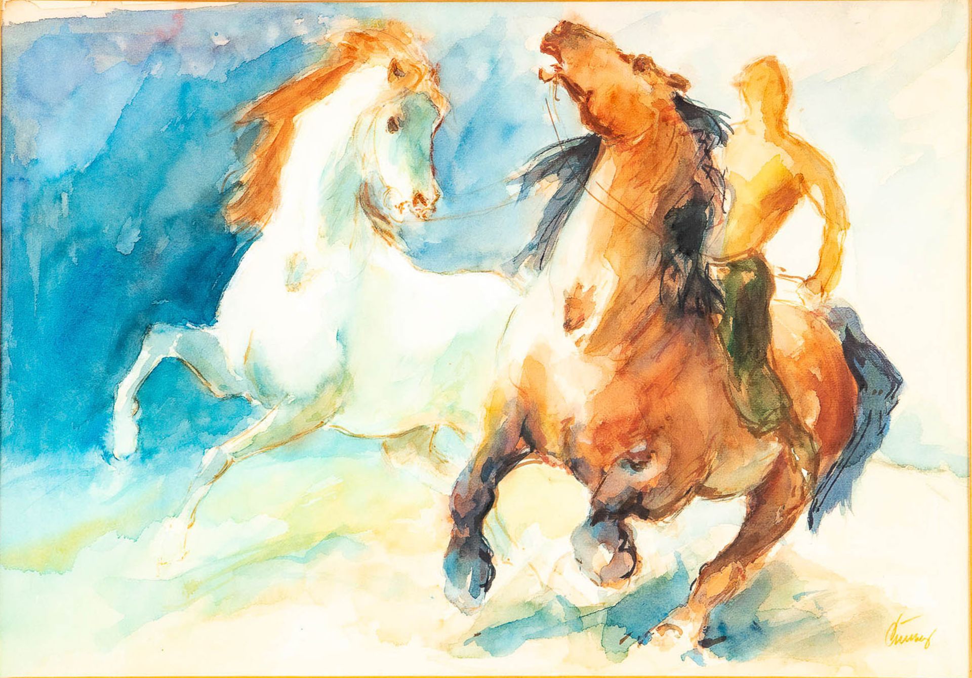 "Pferde"-Aquarell des Heinz Düllberg (Unna 1909 - 1976 Hamburg), unten rechts signiert, hinter Glas - Bild 2 aus 6