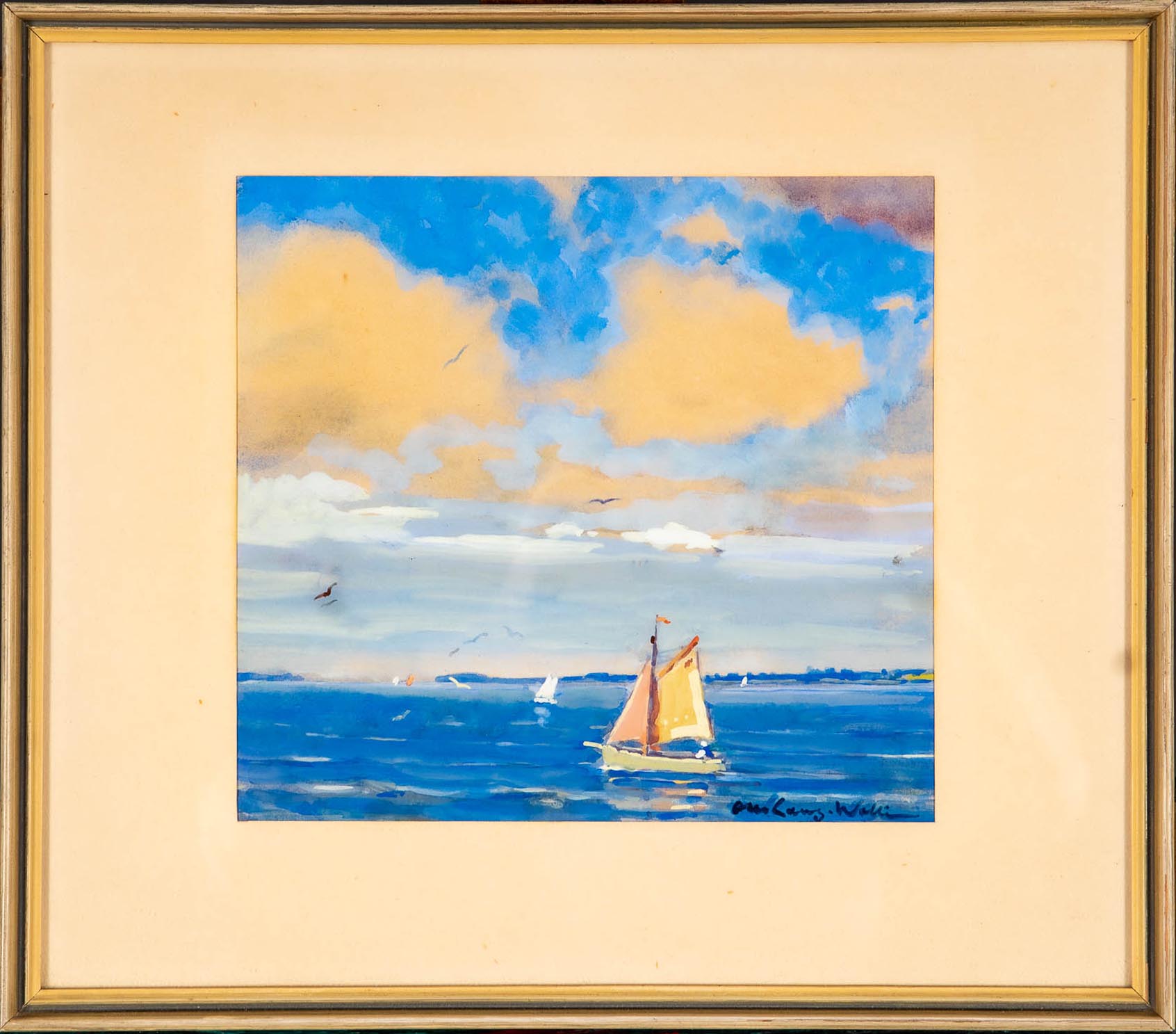 "Sommerlicher Segeltörn", Aquarell des Otto Lang-Wollin, lichtes Bildmaß ca. 20,5 x 21,5 cm, hinter