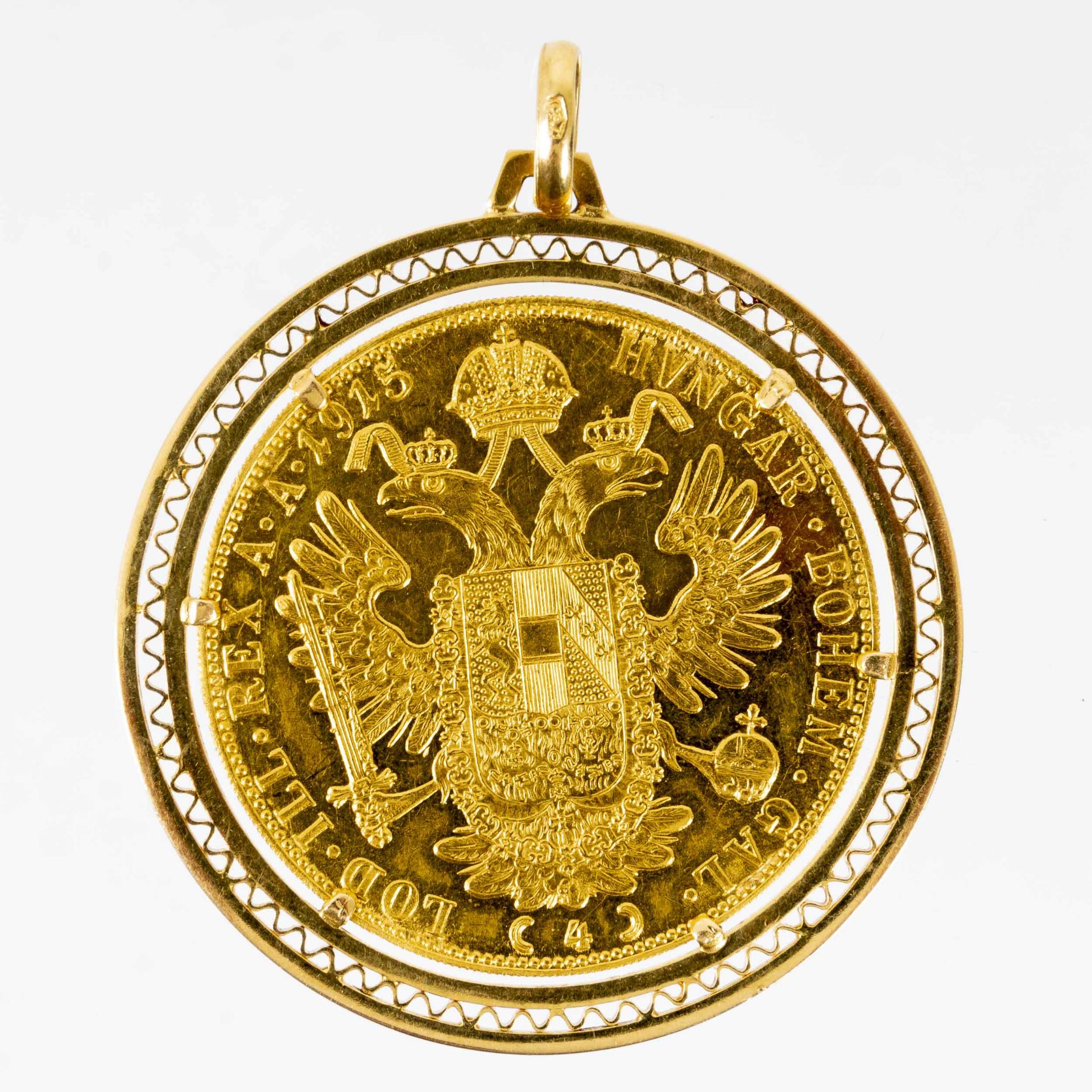 Großer Kettenanhänger mit österreichischer 4 Dukaten Goldmünze von 1915, Durchmesser der Goldmünze  - Bild 2 aus 2