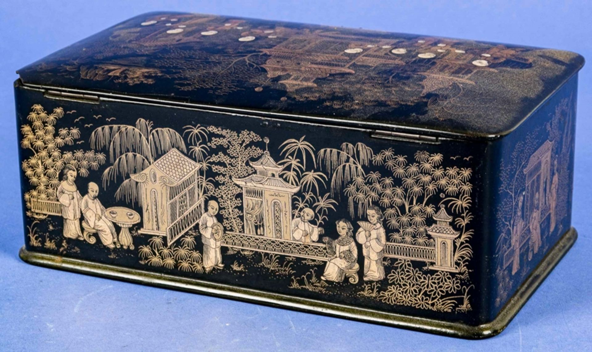 Antike Deckelschatulle, ostasiatischer Raum, 1. Viertel 20. Jhdt., schwarzer Lackkasten mit aufwänd - Bild 4 aus 7