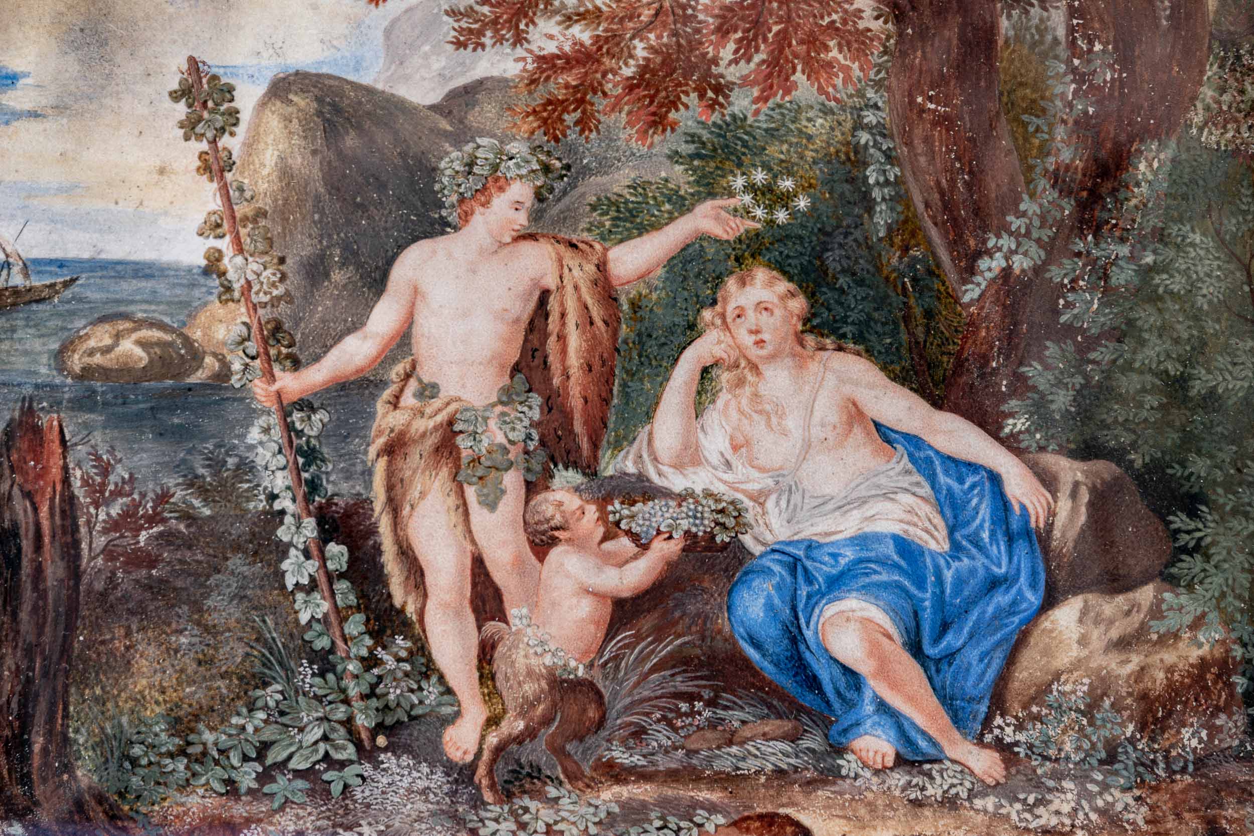 "Faun & Flora in idealer Küstenlandschaft" (Ei-)Tempera auf Pergament bzw. hellem Leder gemalt. Die - Image 3 of 13