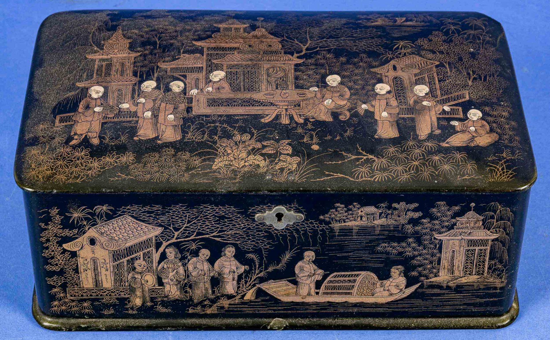 Antike Deckelschatulle, ostasiatischer Raum, 1. Viertel 20. Jhdt., schwarzer Lackkasten mit aufwänd - Bild 2 aus 7