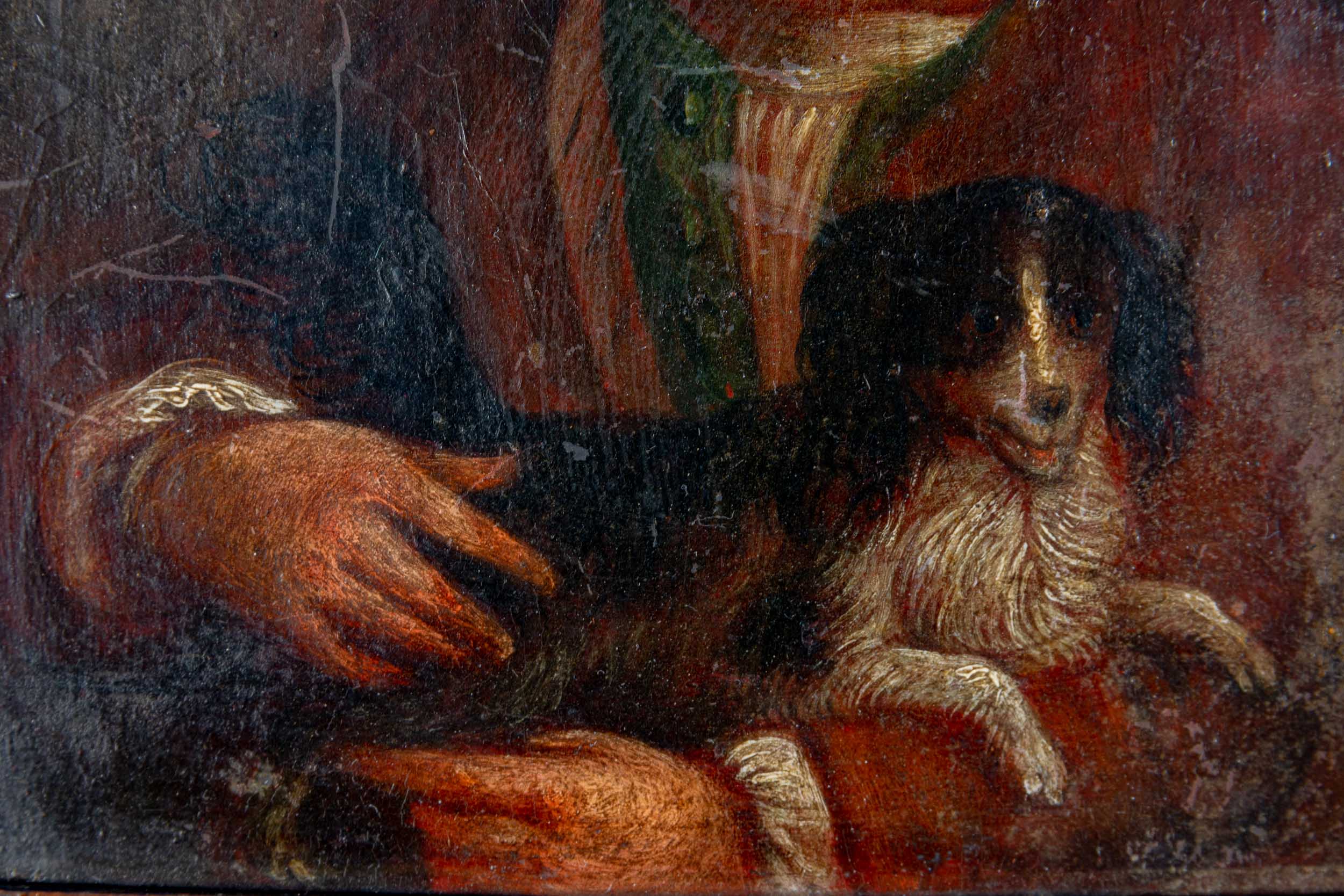"Junger Mann mit Hündchen", Öl auf Holztafel, ca. 16,5 x 14 cm, rückseitig mit Tinte bez.: von "H. - Image 4 of 6