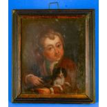 "Junger Mann mit Hündchen", Öl auf Holztafel, ca. 16,5 x 14 cm, rückseitig mit Tinte bez.: von "H.
