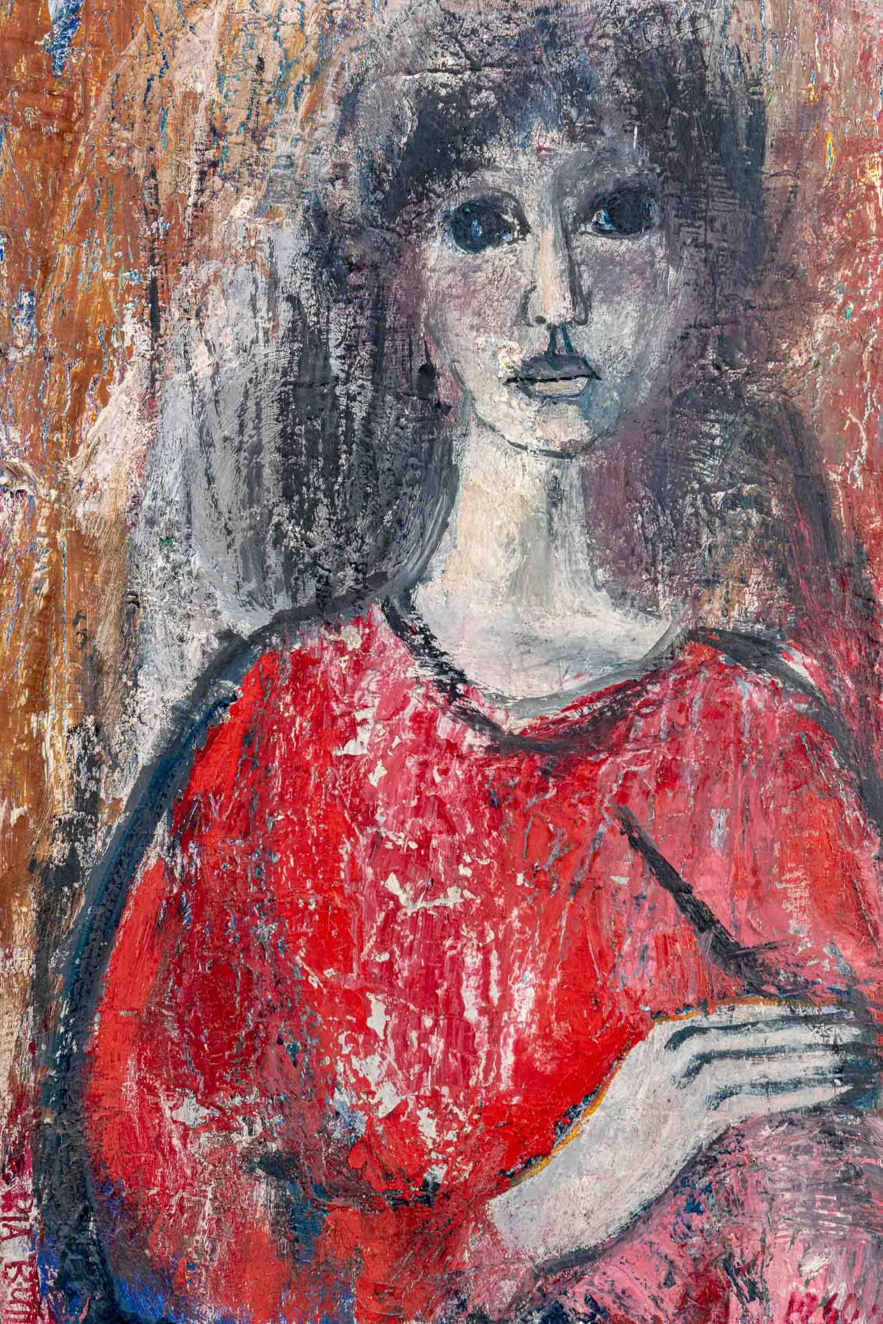 "Frau mit rotem Kleid". Gemälde, Öl auf Leinwand, ca. 60 x 40 cm, unten links & rückseitig signiert - Bild 3 aus 9