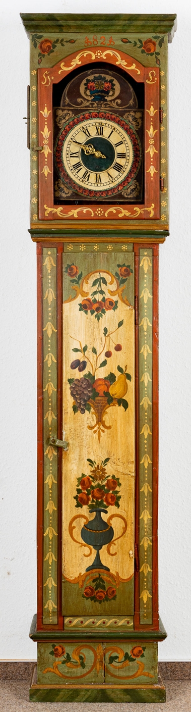 Alte Bodenstanduhr, polychrom mit bayrischer Bauernmalerei staffiertes Nadelholzgehäuse, 19. Jhd.,