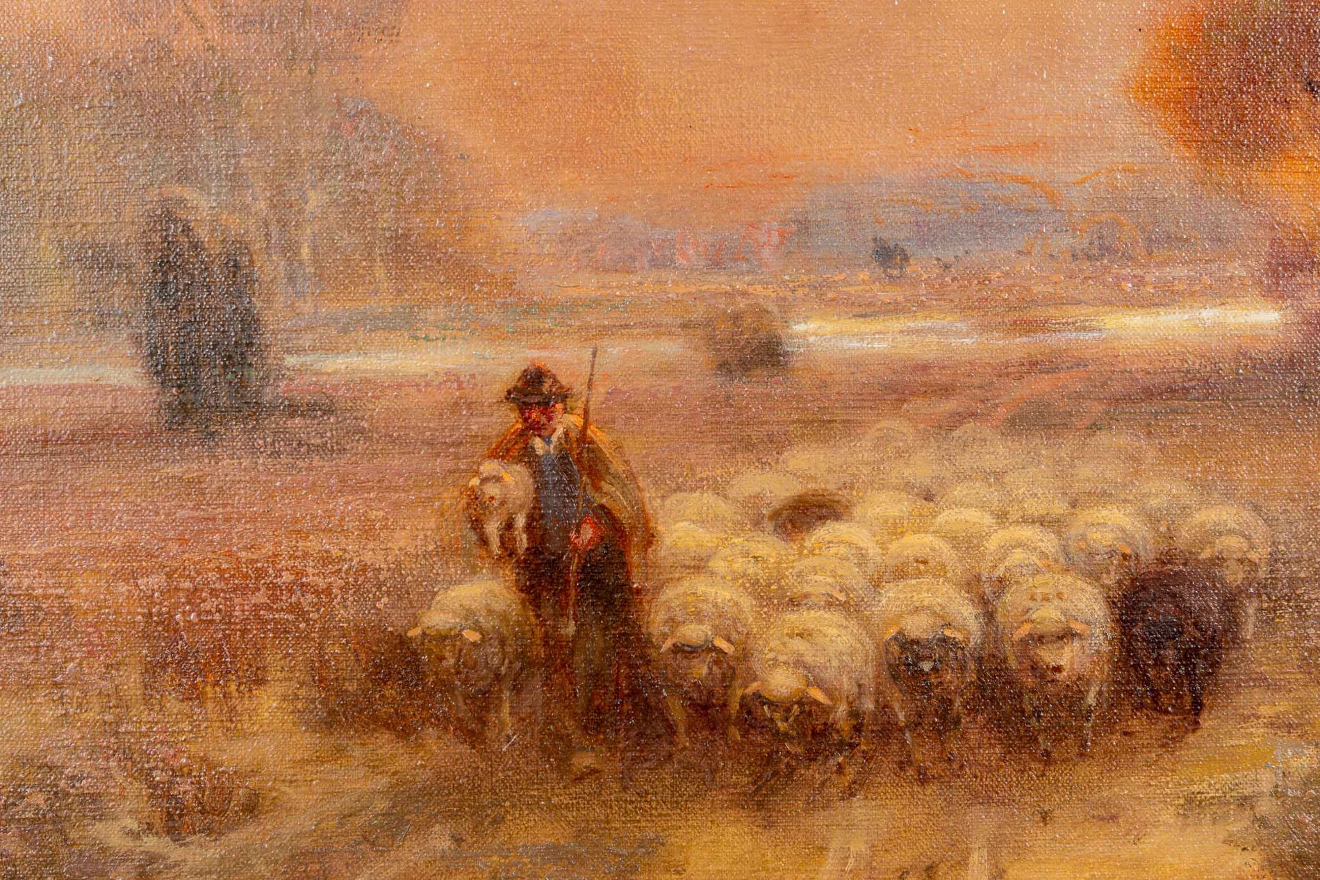 "Schäfer mit Herde vor Fachwerkkate" - Stimmungsvolle Heidelandschaft. Gemälde, Öl auf Leinwand, ca - Bild 4 aus 13