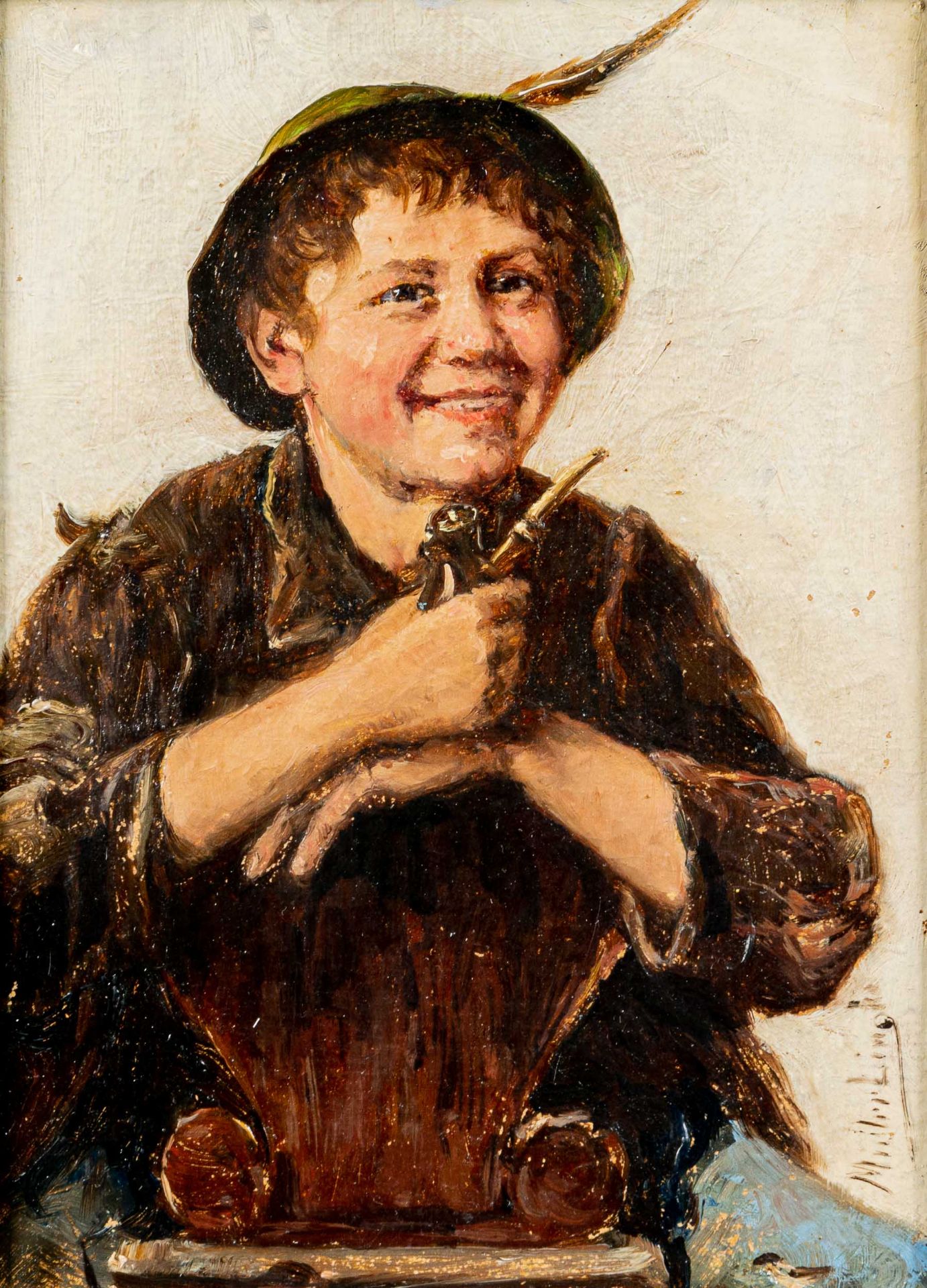 "Junger Bub mit Pfeife", kleinformatiges Gemälde, Öl auf Malpappe/Malkarton, ca. 18 x 13 cm, unten  - Bild 2 aus 6