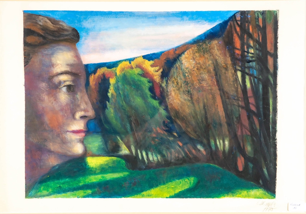 Mischtechnik auf Papier, "Frau blickt in Landschaft", von Ernst Wolfhagen (1970), Passepartout ca. - Image 2 of 6