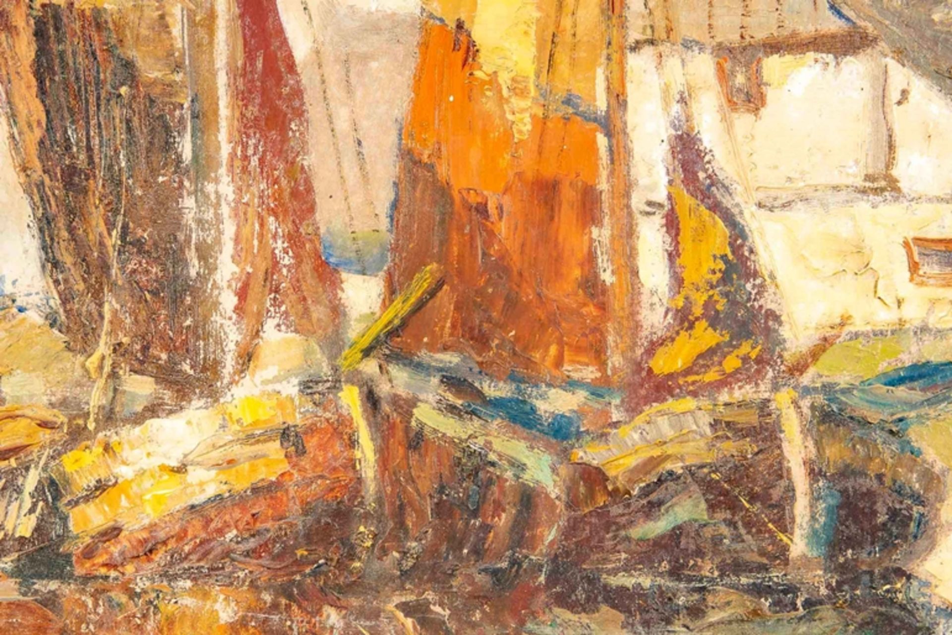 "Fischerboote im Hafen"; Gemälde Öl auf Hartfaser; lichtes Bildmaß ca. 48 x 57 cm; unten rechts sig - Bild 7 aus 12