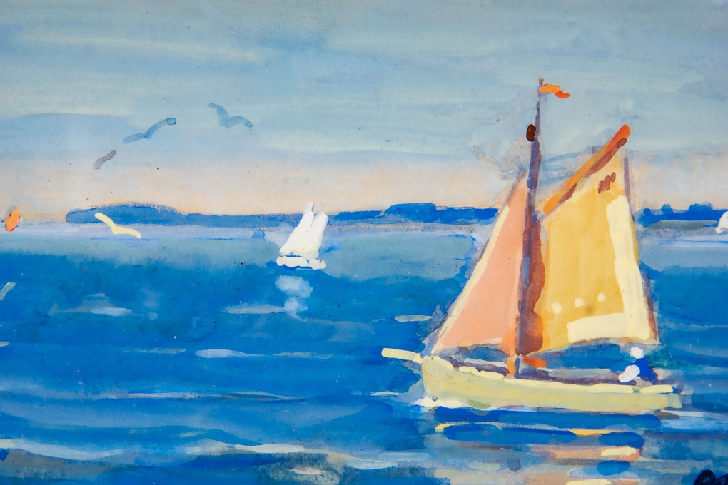 "Sommerlicher Segeltörn", Aquarell des Otto Lang-Wollin, lichtes Bildmaß ca. 20,5 x 21,5 cm, hinter - Image 4 of 8