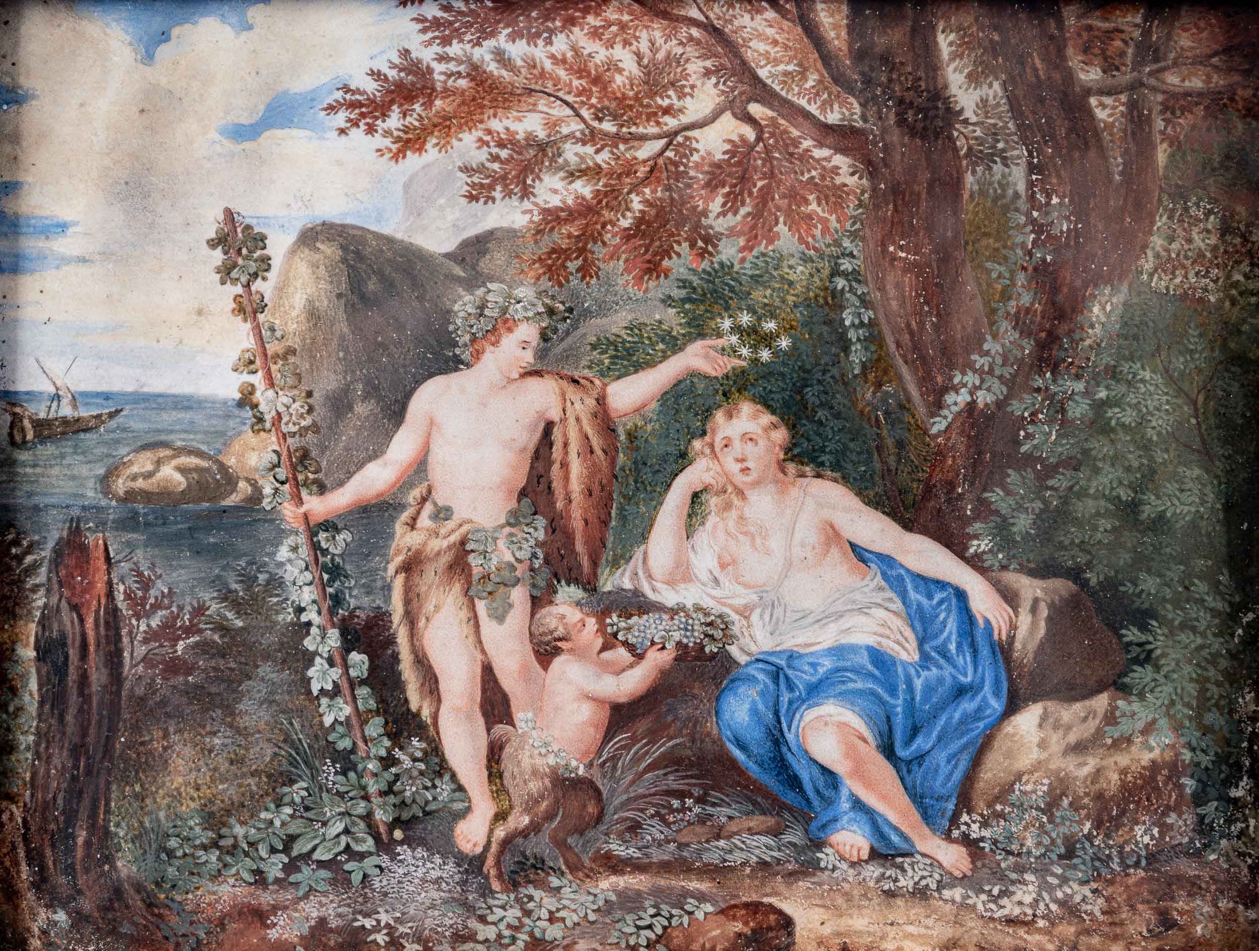 "Faun & Flora in idealer Küstenlandschaft" (Ei-)Tempera auf Pergament bzw. hellem Leder gemalt. Die - Image 2 of 13