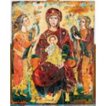 "Thronende Mutter Gottes". Ikone, Kopie des 20. Jhdts., Ölfarben auf Nadelholztafel, ca. 50,5 x 40