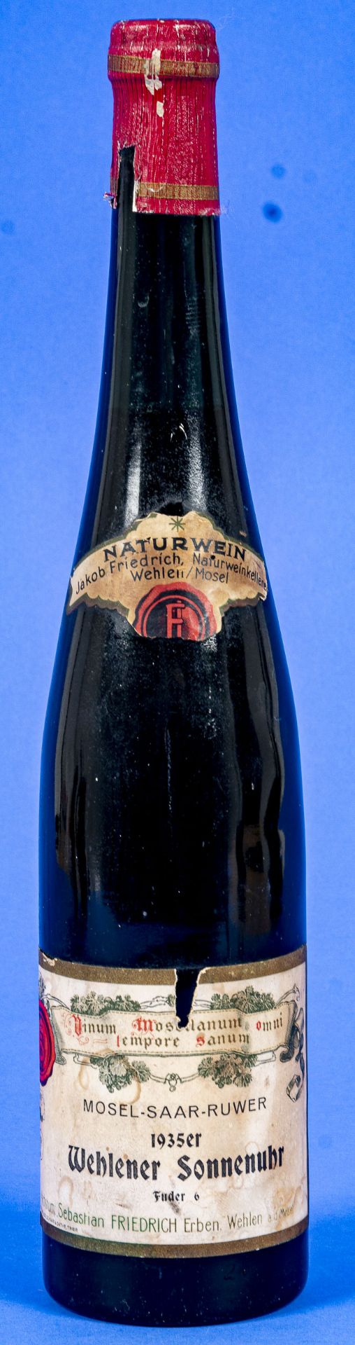 "Wehlener Sonnenuhr" 1935er, Fuder 6, Flasche Weißwein für Sammler. Naturwein Jakob Friedrich. Wach