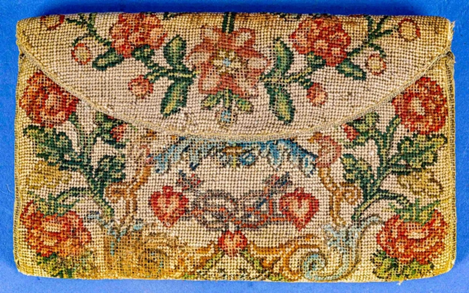 Antike Brieftasche, aufwändige Petit-Point-Stickerei, innen mit bläulichem Seidenstoff ausgekleidet - Image 3 of 5