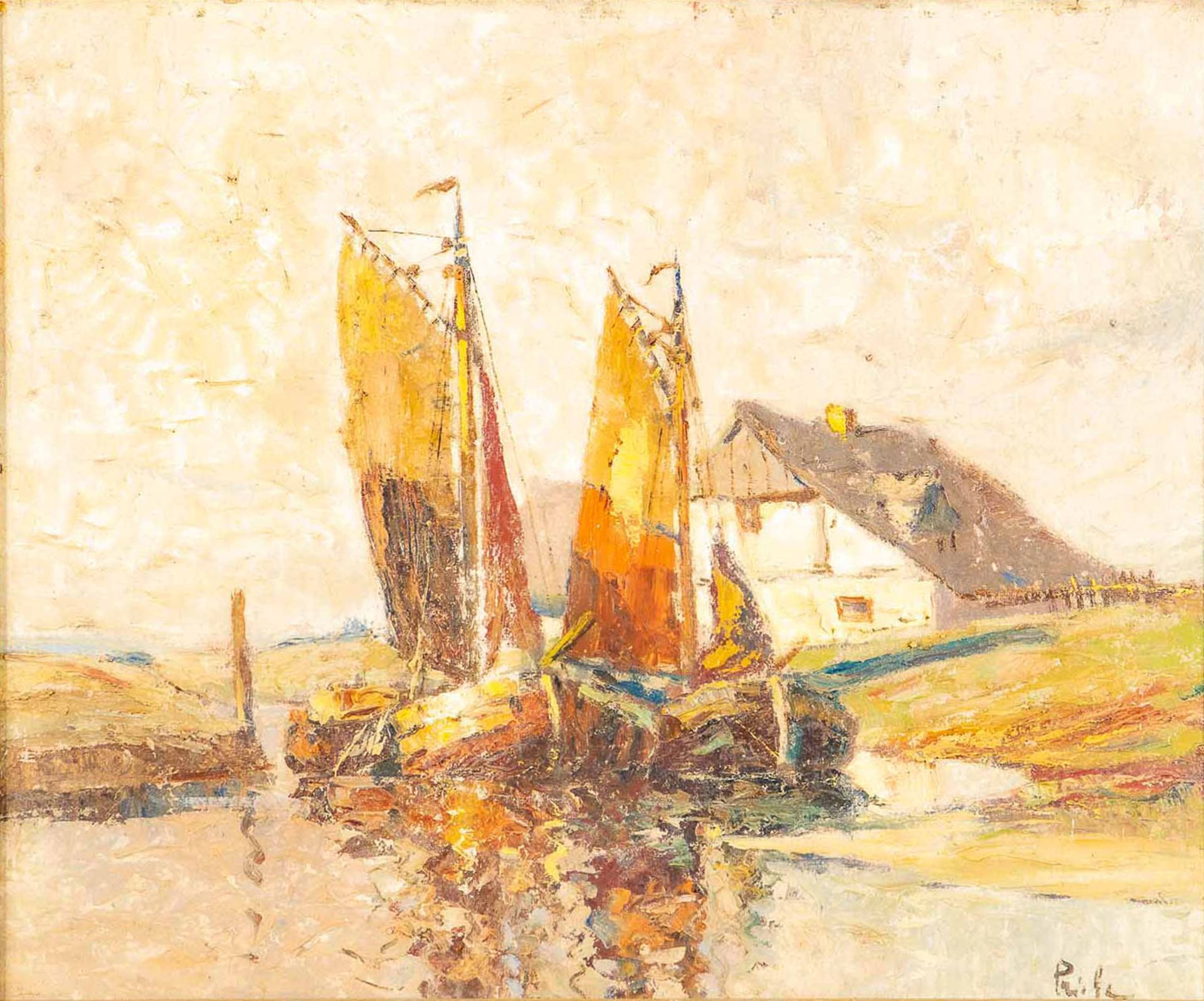 "Fischerboote im Hafen"; Gemälde Öl auf Hartfaser; lichtes Bildmaß ca. 48 x 57 cm; unten rechts sig - Bild 2 aus 12