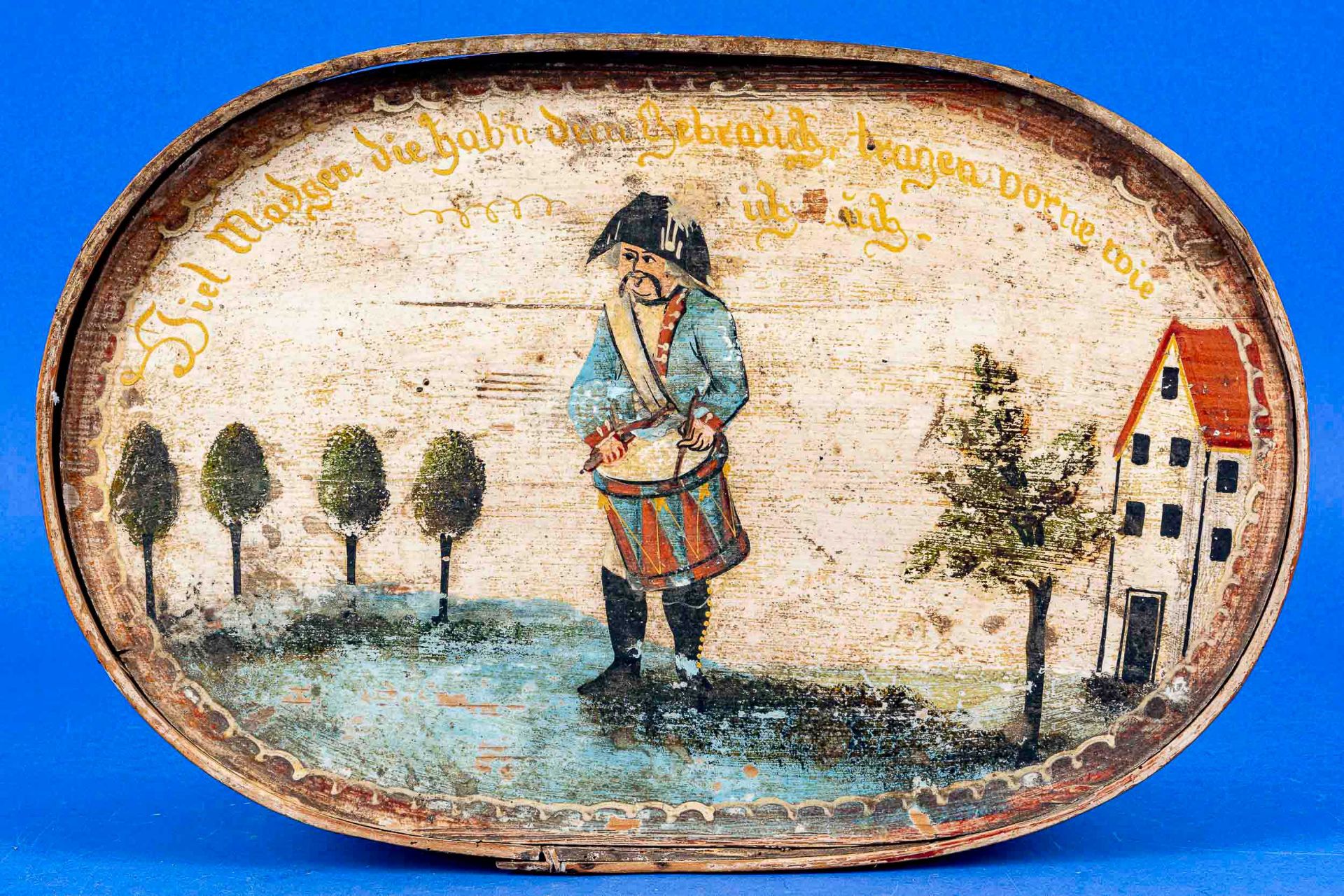 Antike Hutschachtel, polychrom bemalte Spanholzschachtel, ca. 18 x 46 x 30 cm; 19. Jhdt.; guter, un - Bild 4 aus 7