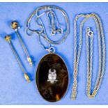 5teiliges Schmuckkonvolut, bestehend aus 2 Haarnadeln, 2 silbernen Halsketten und einem ovalen Kett