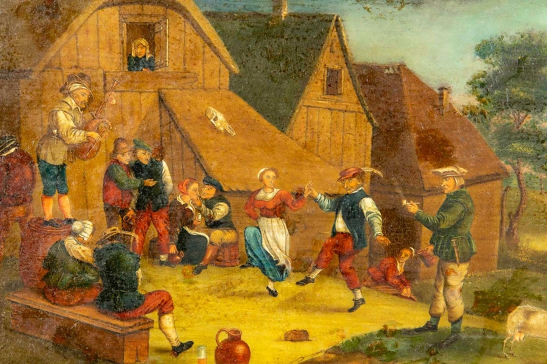 "Dorffest" - Öl auf Holztafel, ca. 26 x 36 cm, Kopist des 19./20. Jhdt., unten rechts monogrammiert - Image 3 of 9