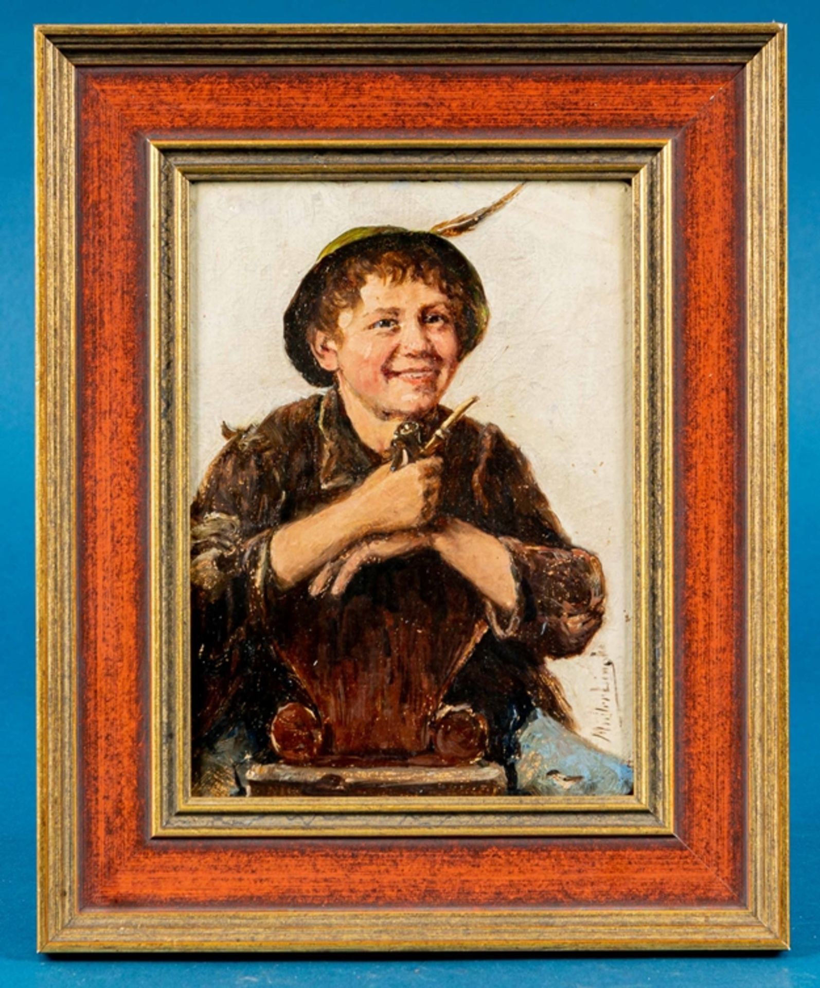 "Junger Bub mit Pfeife", kleinformatiges Gemälde, Öl auf Malpappe/Malkarton, ca. 18 x 13 cm, unten 