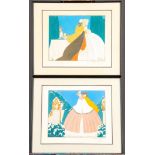 Paar identisch gerahmter, colorierter Umriss-Radierungen des Max Minon, Paris 1923; Abbildung je ca
