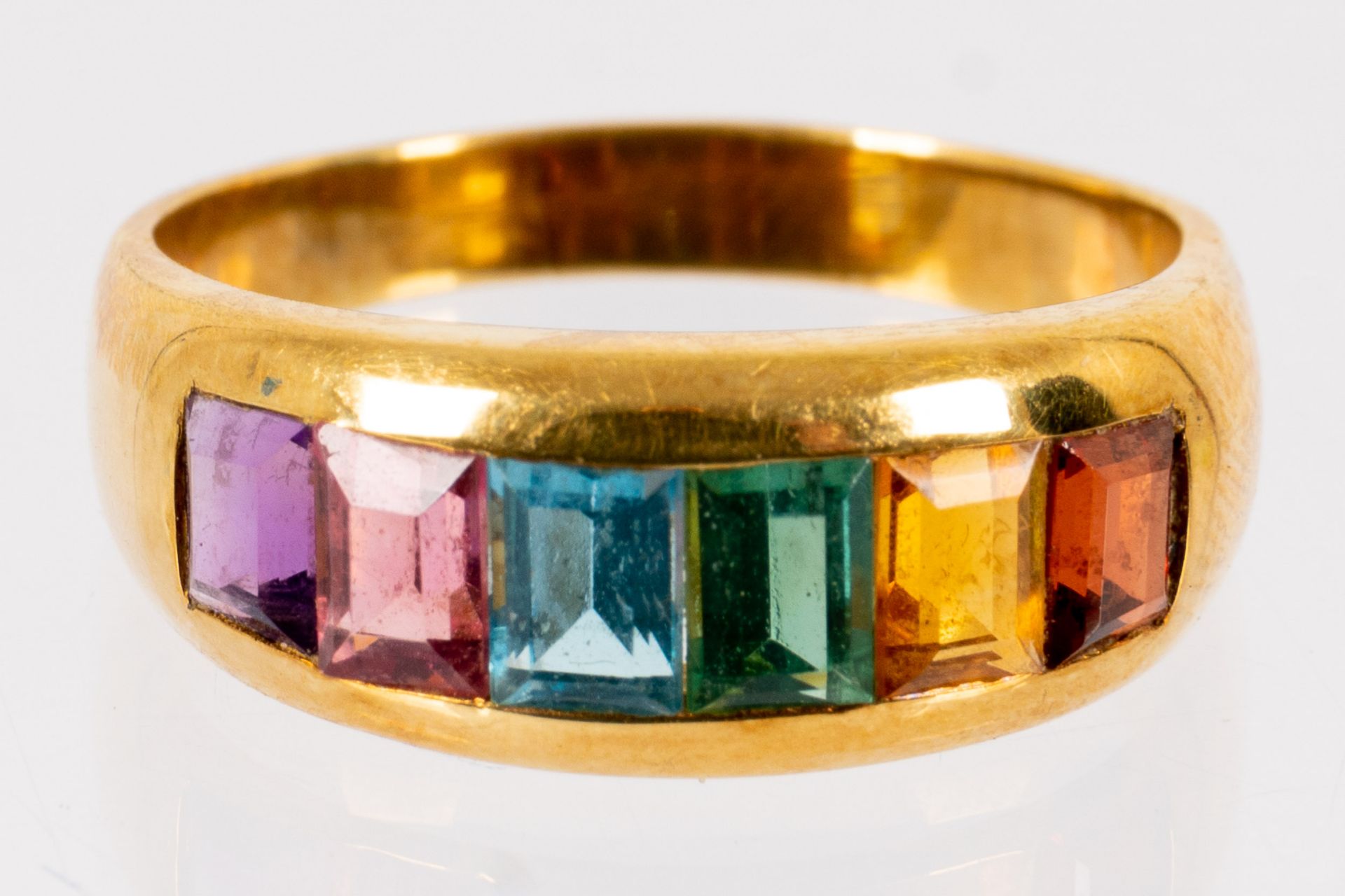18K Gelbgold-Ring mit versch. Farbglasbesatz, Ringinnendurchmesser ca. 18 mm. Bruttogewicht ca. 5,5 - Bild 2 aus 4