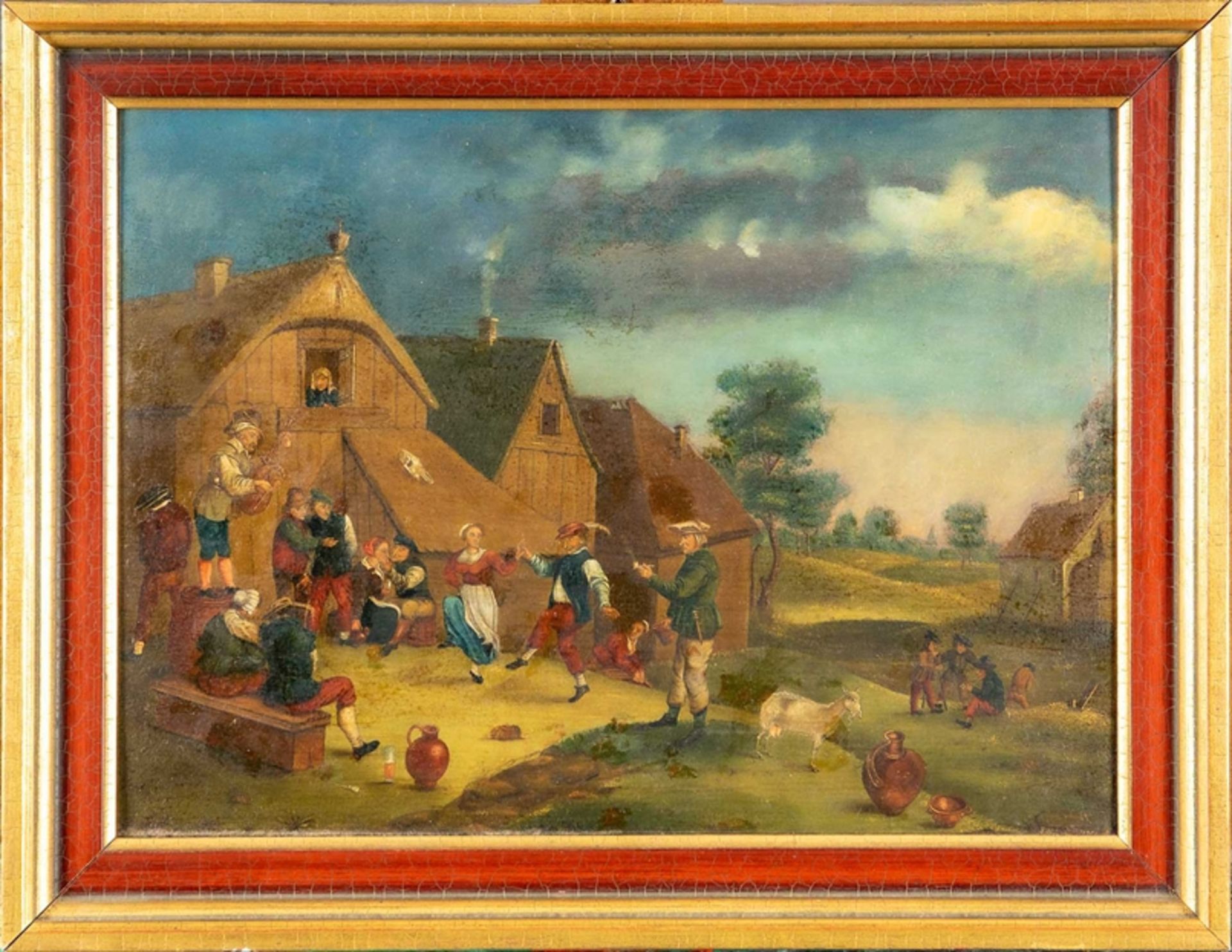 "Dorffest" - Öl auf Holztafel, ca. 26 x 36 cm, Kopist des 19./20. Jhdt., unten rechts monogrammiert