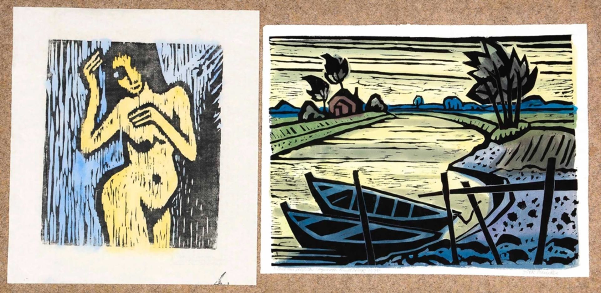 Dirk Huisken, Linolschnitt coloriert mit Beigabe "Akt", Buch beigegeben. "Kähne am Flussufer" von 1