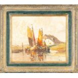 "Fischerboote im Hafen"; Gemälde Öl auf Hartfaser; lichtes Bildmaß ca. 48 x 57 cm; unten rechts sig
