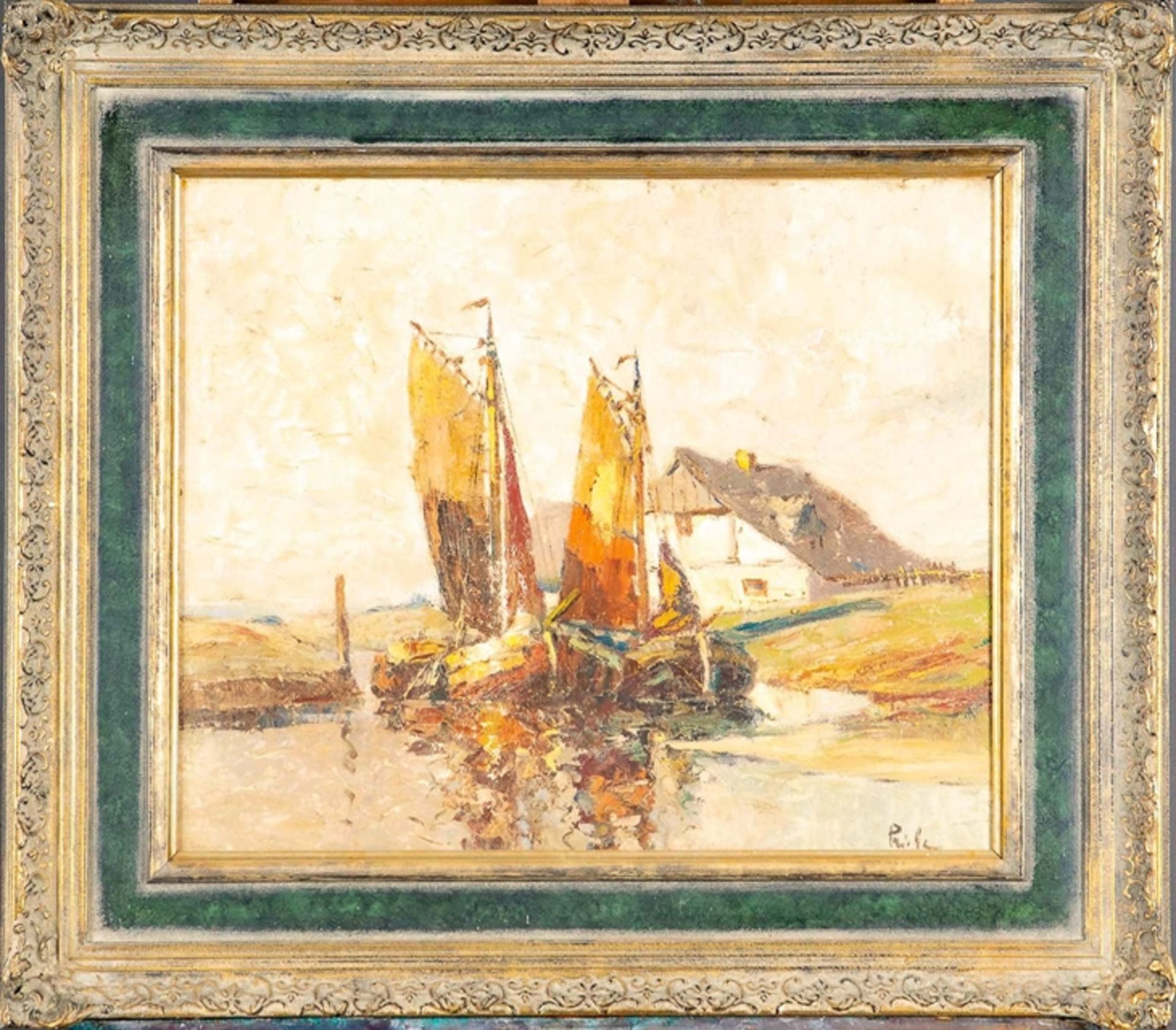 "Fischerboote im Hafen"; Gemälde Öl auf Hartfaser; lichtes Bildmaß ca. 48 x 57 cm; unten rechts sig