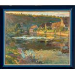 Impressionistische Ansicht eines kleinen Ortes an Gewässer. Gemälde, Öl auf Leinwand, auf Karton au