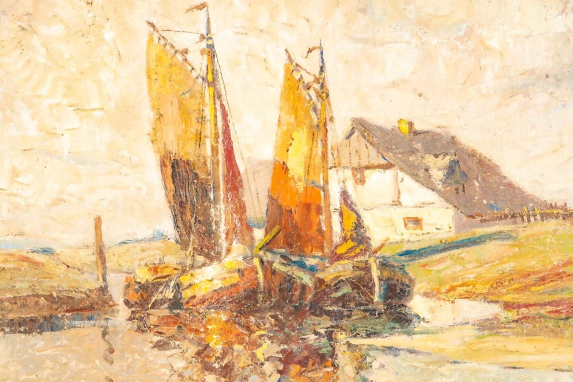 "Fischerboote im Hafen"; Gemälde Öl auf Hartfaser; lichtes Bildmaß ca. 48 x 57 cm; unten rechts sig - Bild 3 aus 12