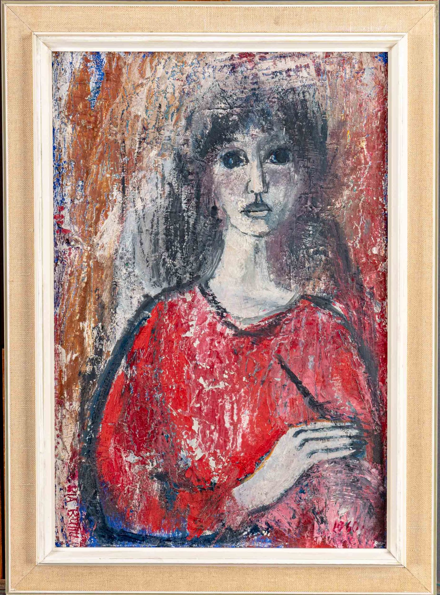 "Frau mit rotem Kleid". Gemälde, Öl auf Leinwand, ca. 60 x 40 cm, unten links & rückseitig signiert