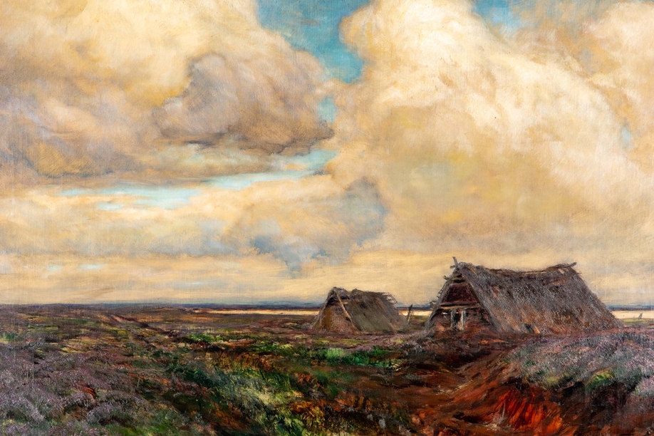 "Torfhütten im Neuenburger Moor", Gemälde, Öl auf Leinwand, ca. 76 x 91 cm, unten rechts signiert F - Image 2 of 15