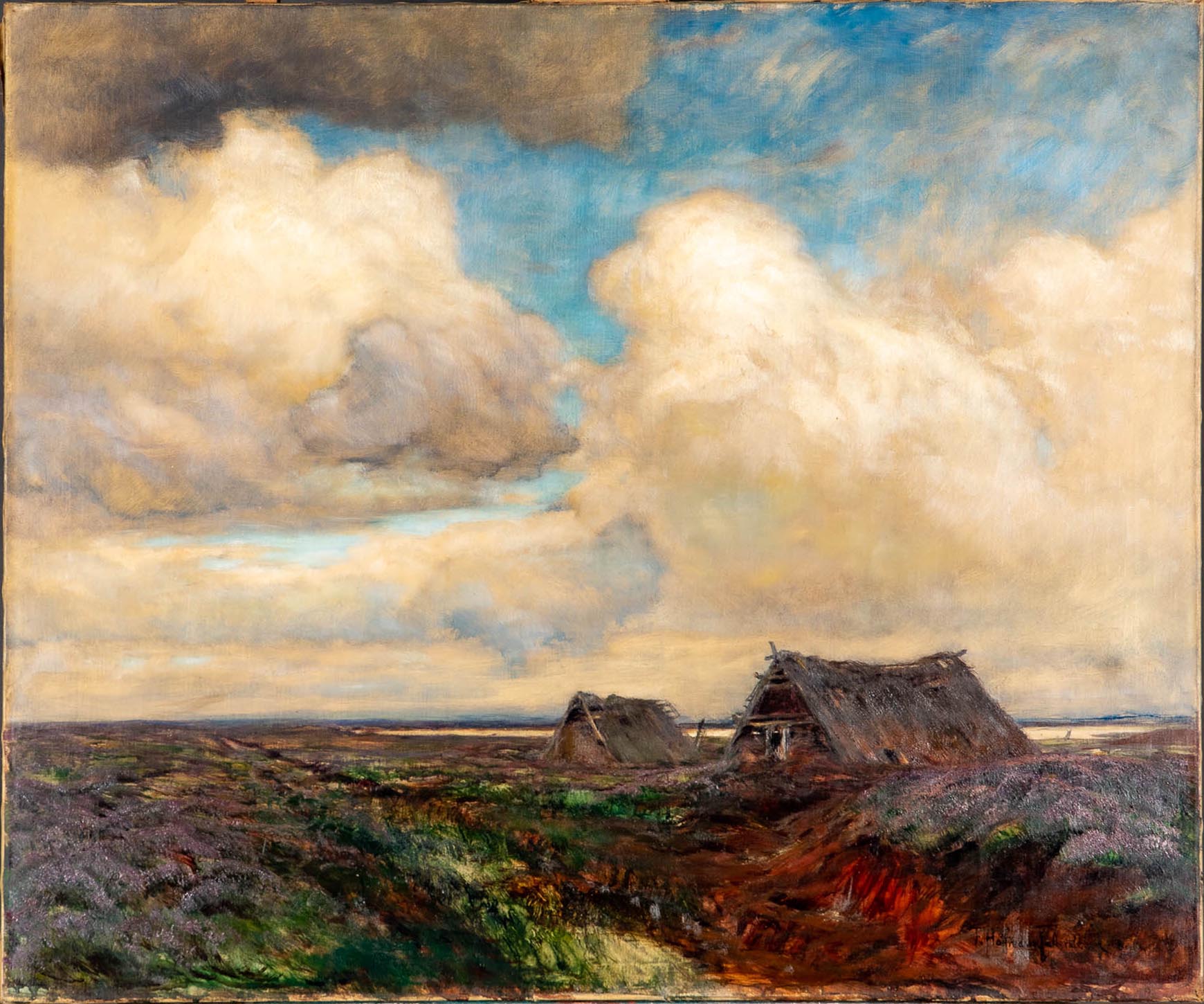 "Torfhütten im Neuenburger Moor", Gemälde, Öl auf Leinwand, ca. 76 x 91 cm, unten rechts signiert F