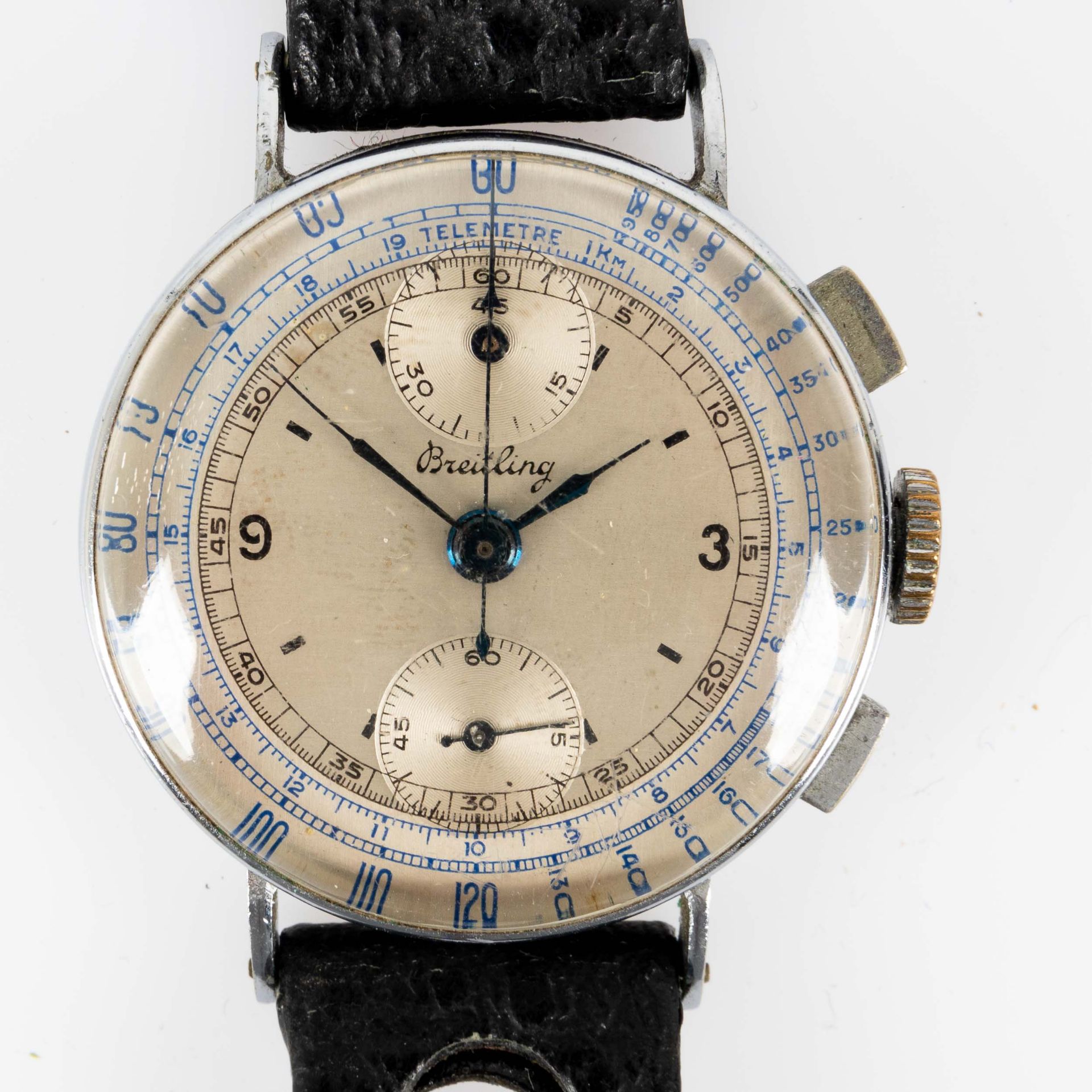 Orig. BREITLING Flieger-Chronograph der 1930/40er Jahre, schön erhaltenes rundes Edelstahlgehäuse, 