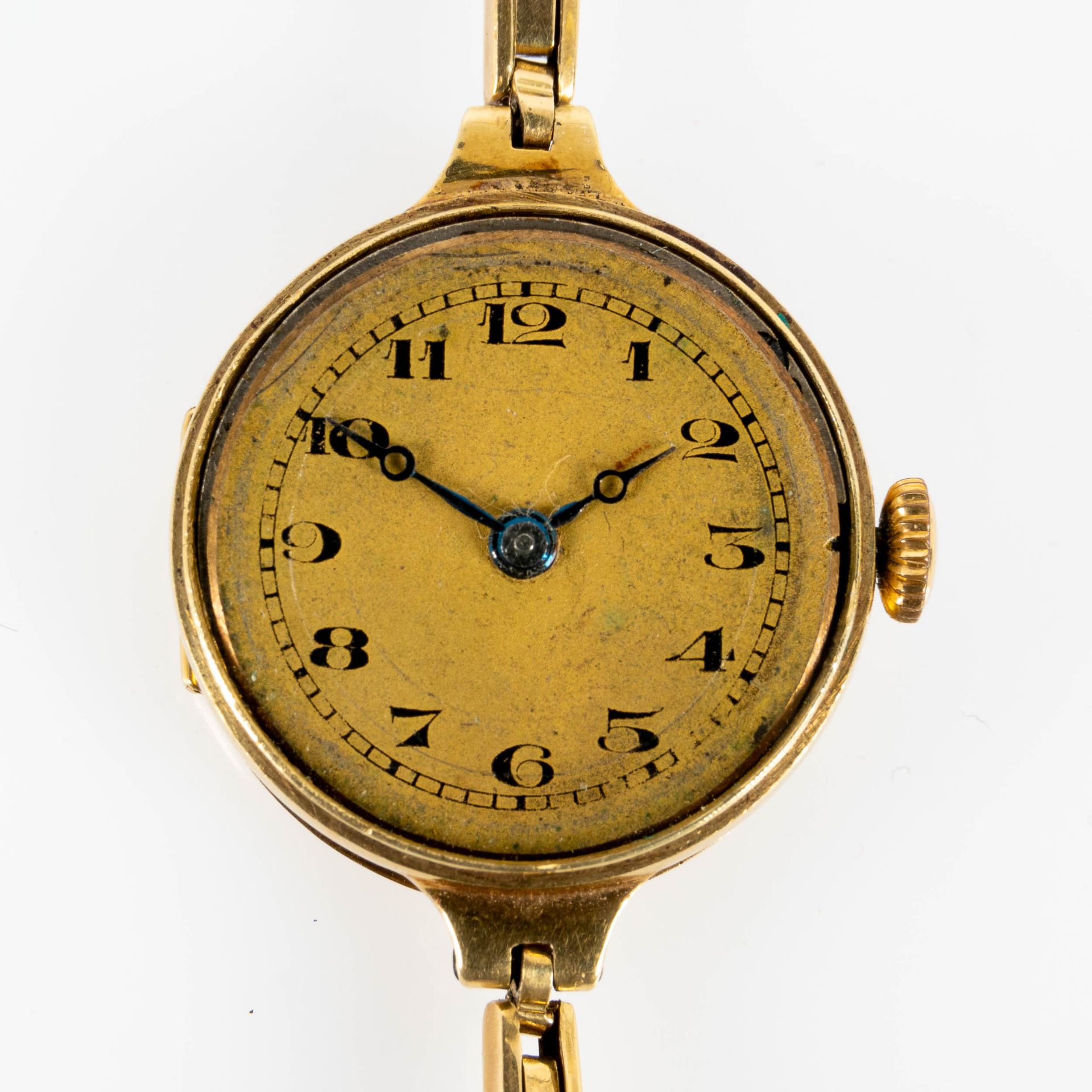 Frühe Damen-Armbanduhr, 585er Gelbgoldgehäuse & Gliederarmband, ungeprüftes mechanisches Werk, Glas