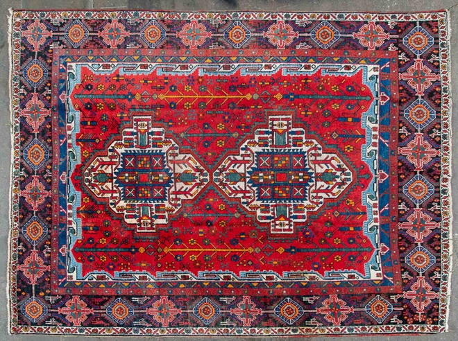 Ältere Teppichbrücke Yalameh, ca. 208 x 160 cm, abstrakter, geometrischer, faunaler & floraler Deko