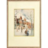 "Winterlicher Schulschluss", hinter Glas gerahmte aquarellierte Zeichnung des Adolf Otto Koeppen (M