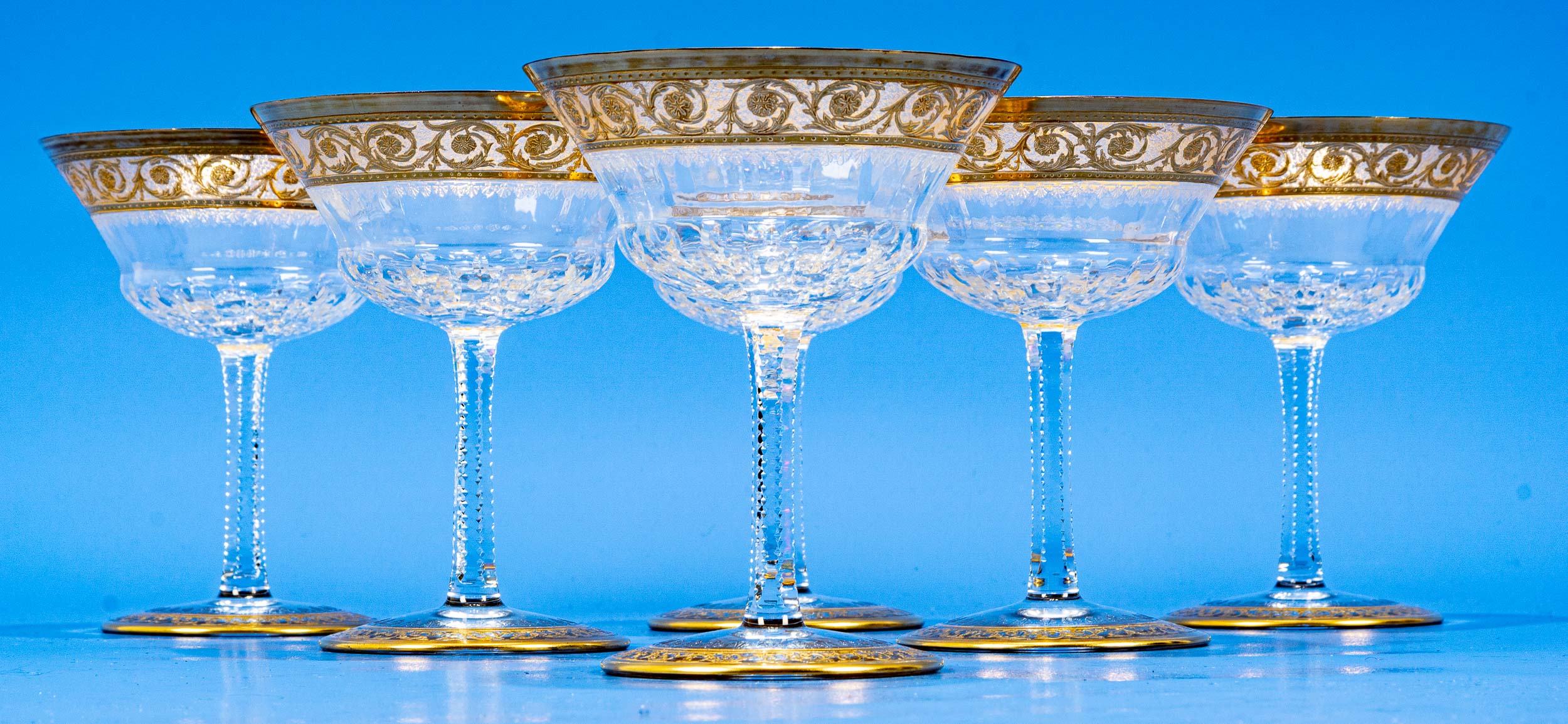 Folge von 6 edlen Champagnerschalen, schweres, farbloses Kristallglas mit aufwändigen Gold- & Schli - Bild 2 aus 8