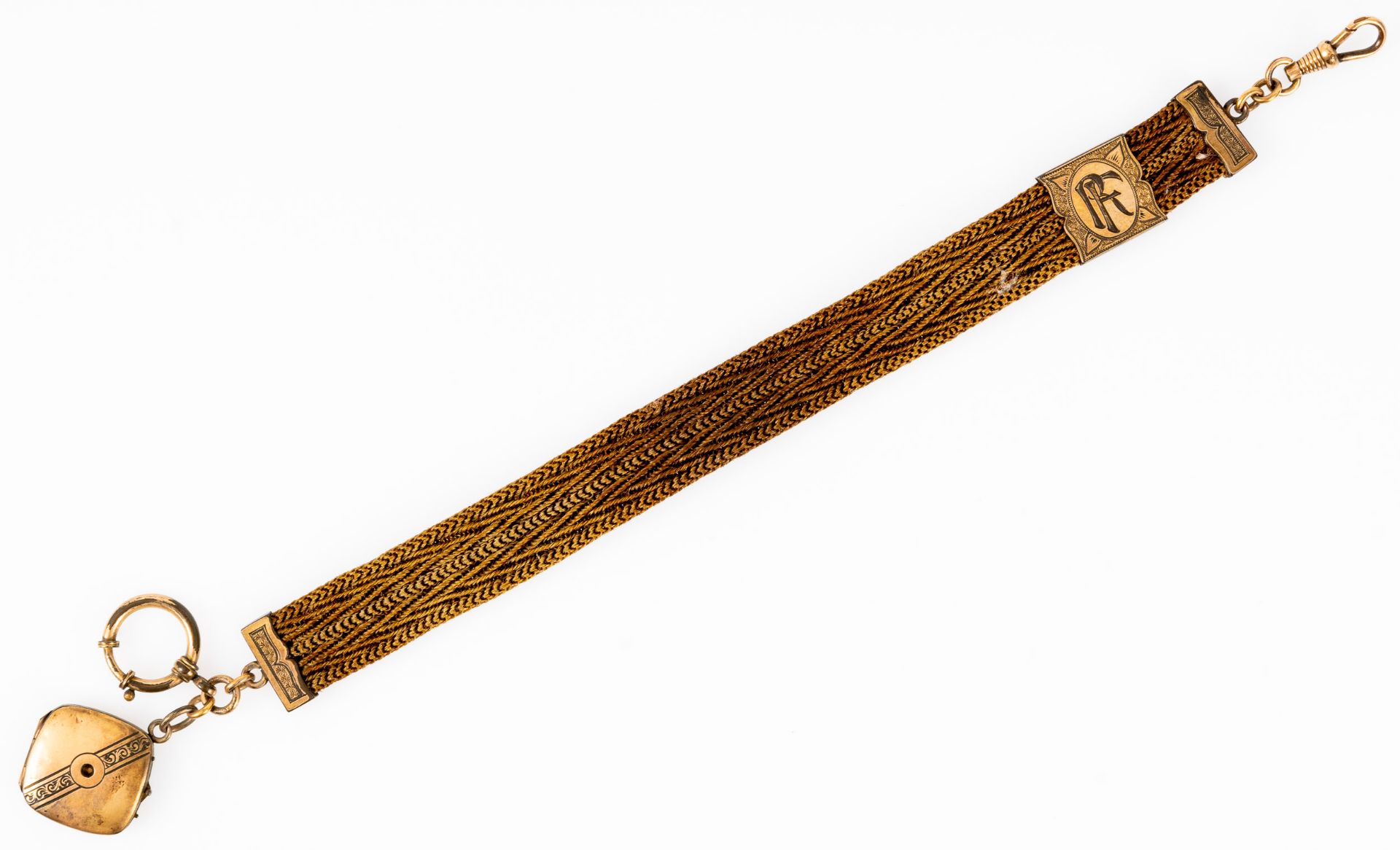 Antike Chatelaine-Uhrenkette, vergoldetes Beschlagwerk mit versch. Gravurdekoren, um 1900/20, Länge